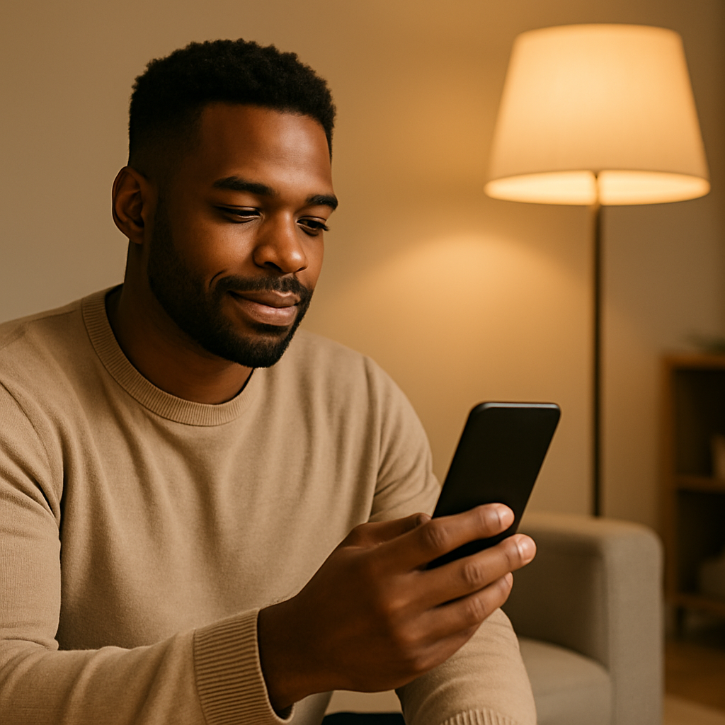 Mann dimmt eine Lampe im Wohnzimmer mit dem Smartphone